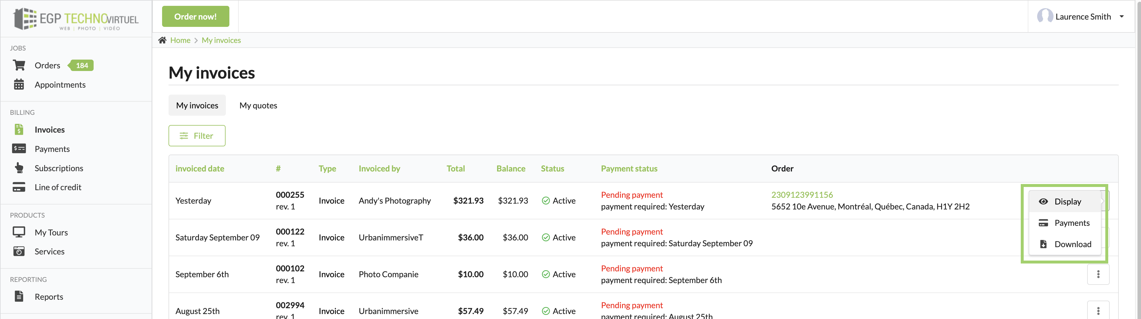 Invoice actions
